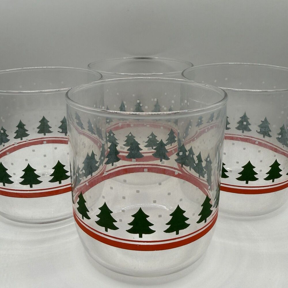 Vintage Libbey Holiday Christmas Tree Glasses Set of 4 Red Green Tumblers Hazy